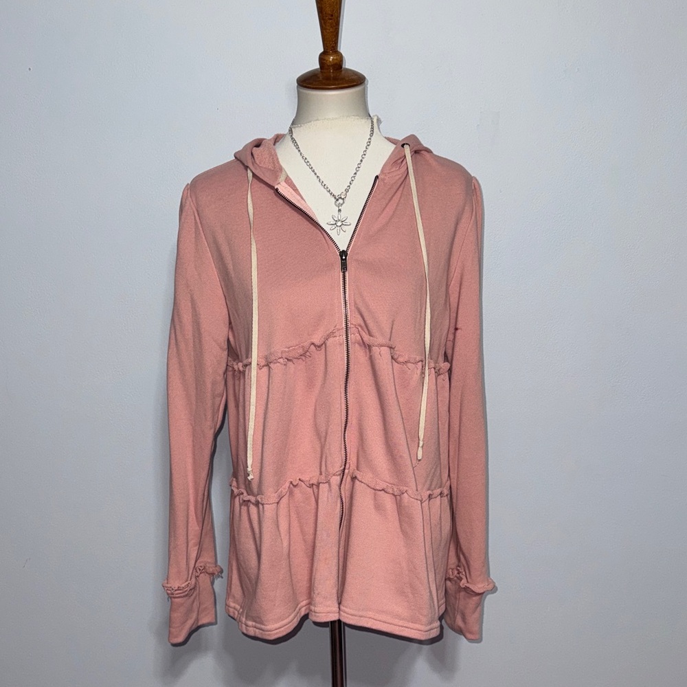 Women's Dusty Rose Ruffle-Trim Zip Hoodie
